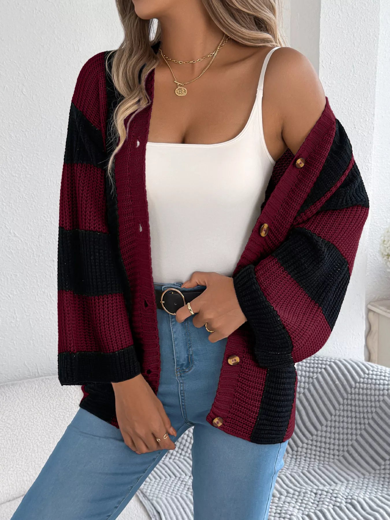 Color Block Button-Up Cardigan - Tigbul's Variety Fashion Shop
