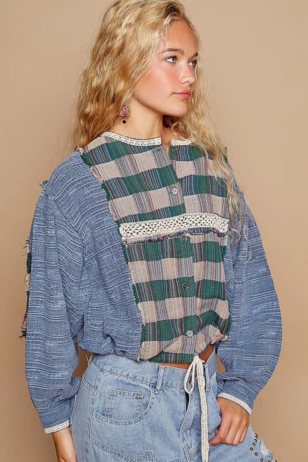 Blue Round Neck Long Sleeve Plaid Shirt - Tigbul's Variety Fashion Shop