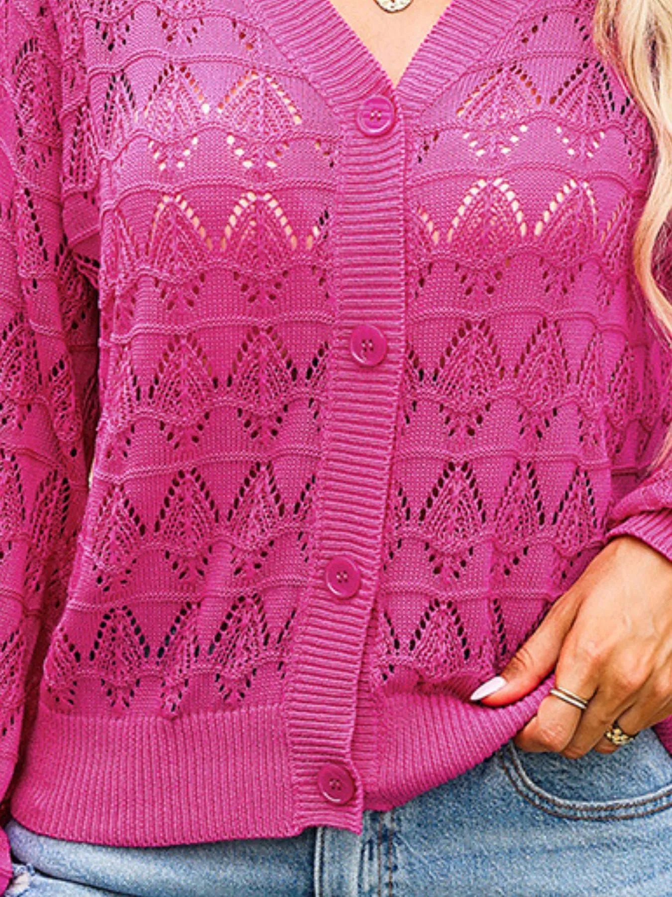 Openwork Button Up Cardigan - Tigbul's Variety Fashion Shop
