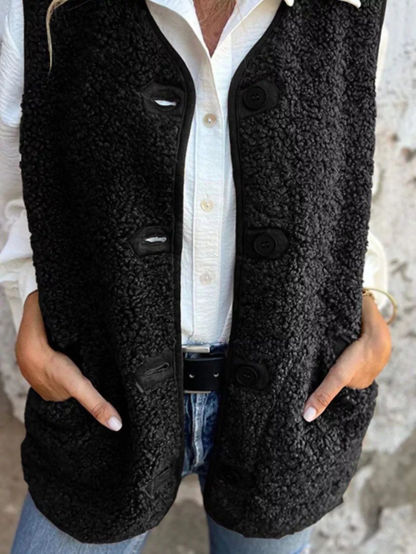 Full Size Cozy Sherpa Fleece Button-Up Vest Coat with Pockets Plus Size - Tigbul's Variety Fashion Shop