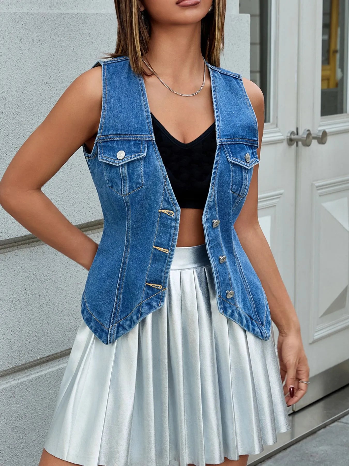 V-Neck Button-Front Denim Vest - Tigbul's Variety Fashion Shop