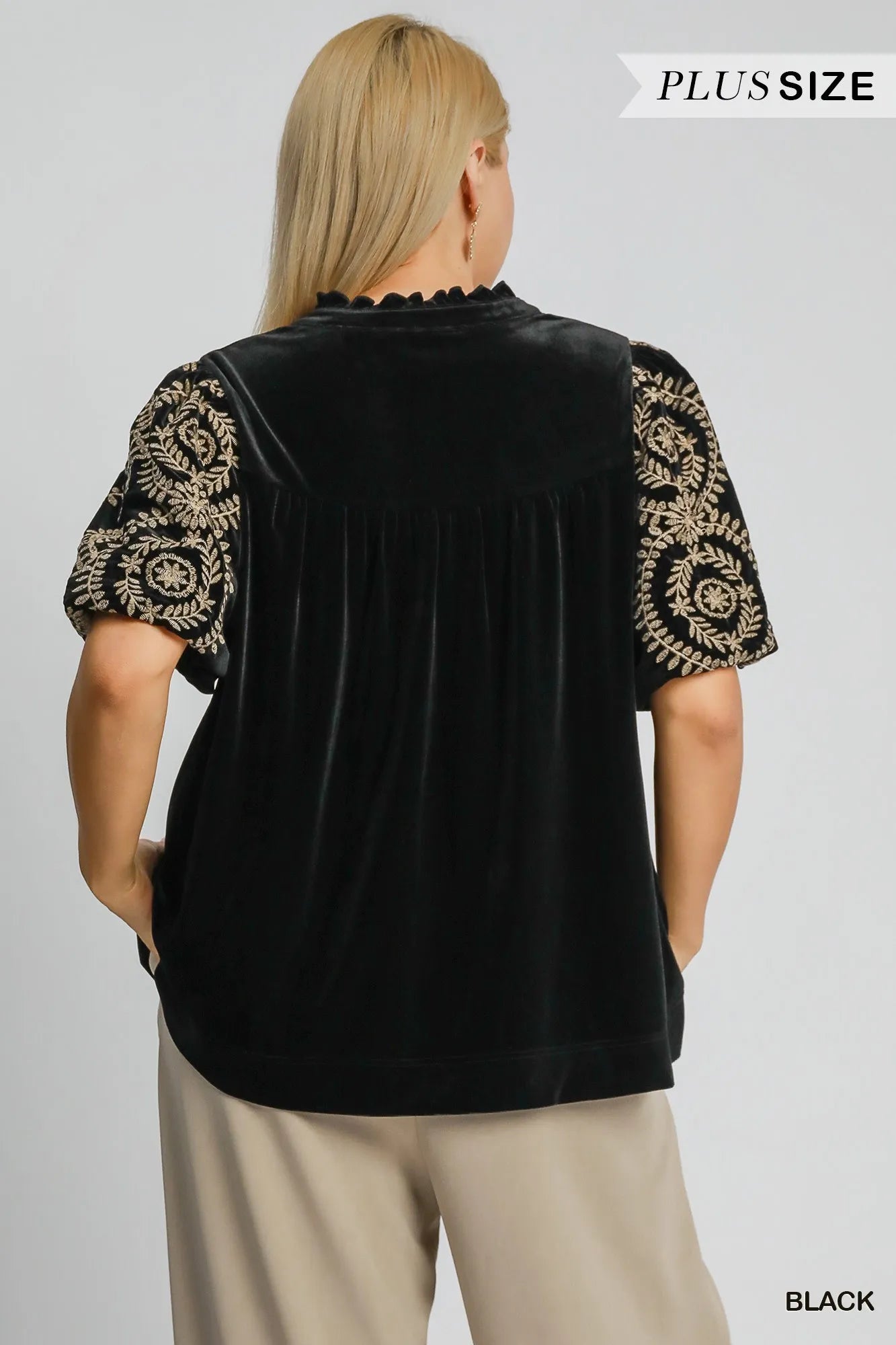 Umgee Full Size Velvet Embroidered Sleeve Blouse Plus Size - Tigbul's Variety Fashion Shop