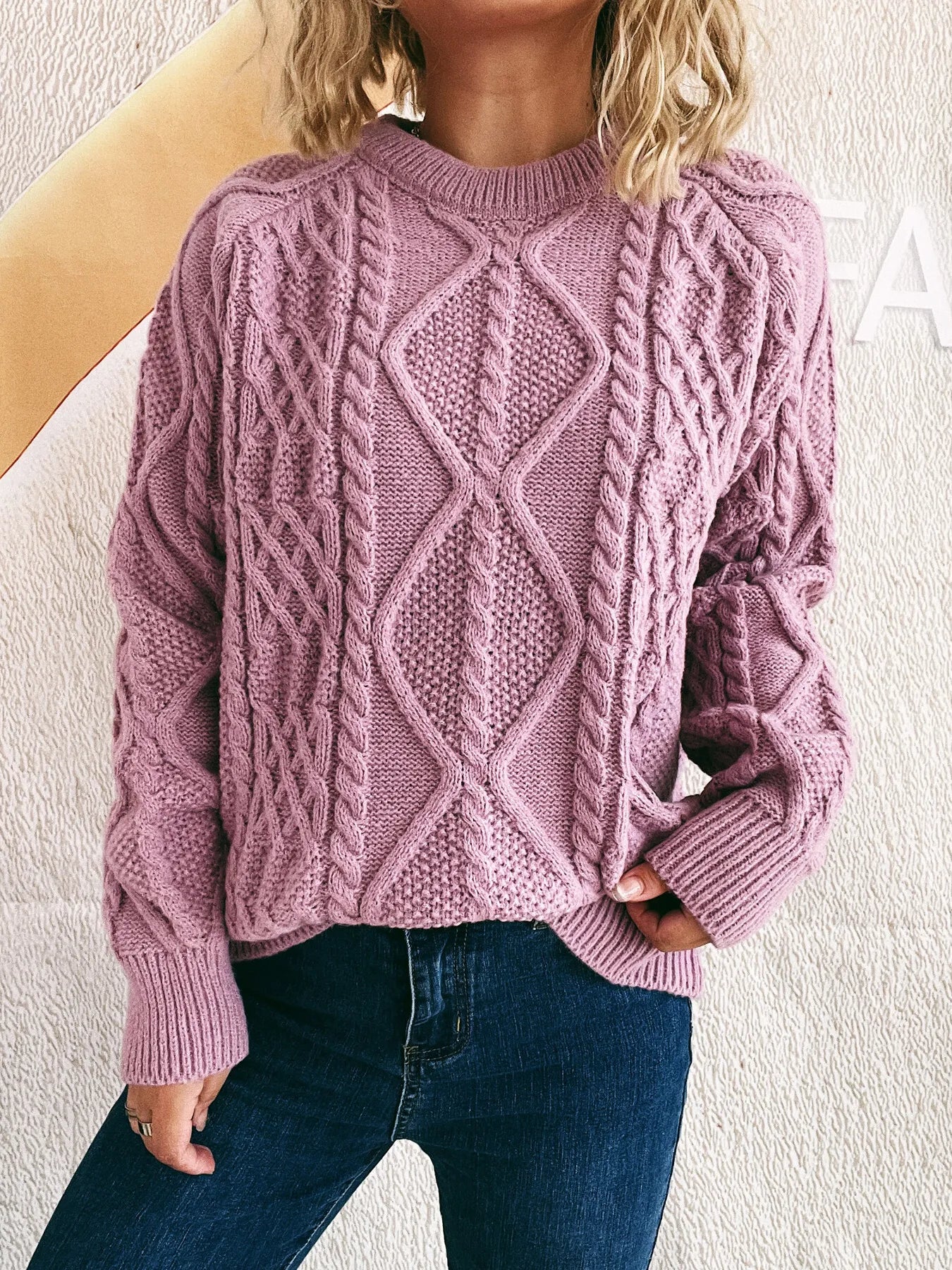 Cable Knit Long Sleeve Sweater - Tigbul's Variety Fashion Shop