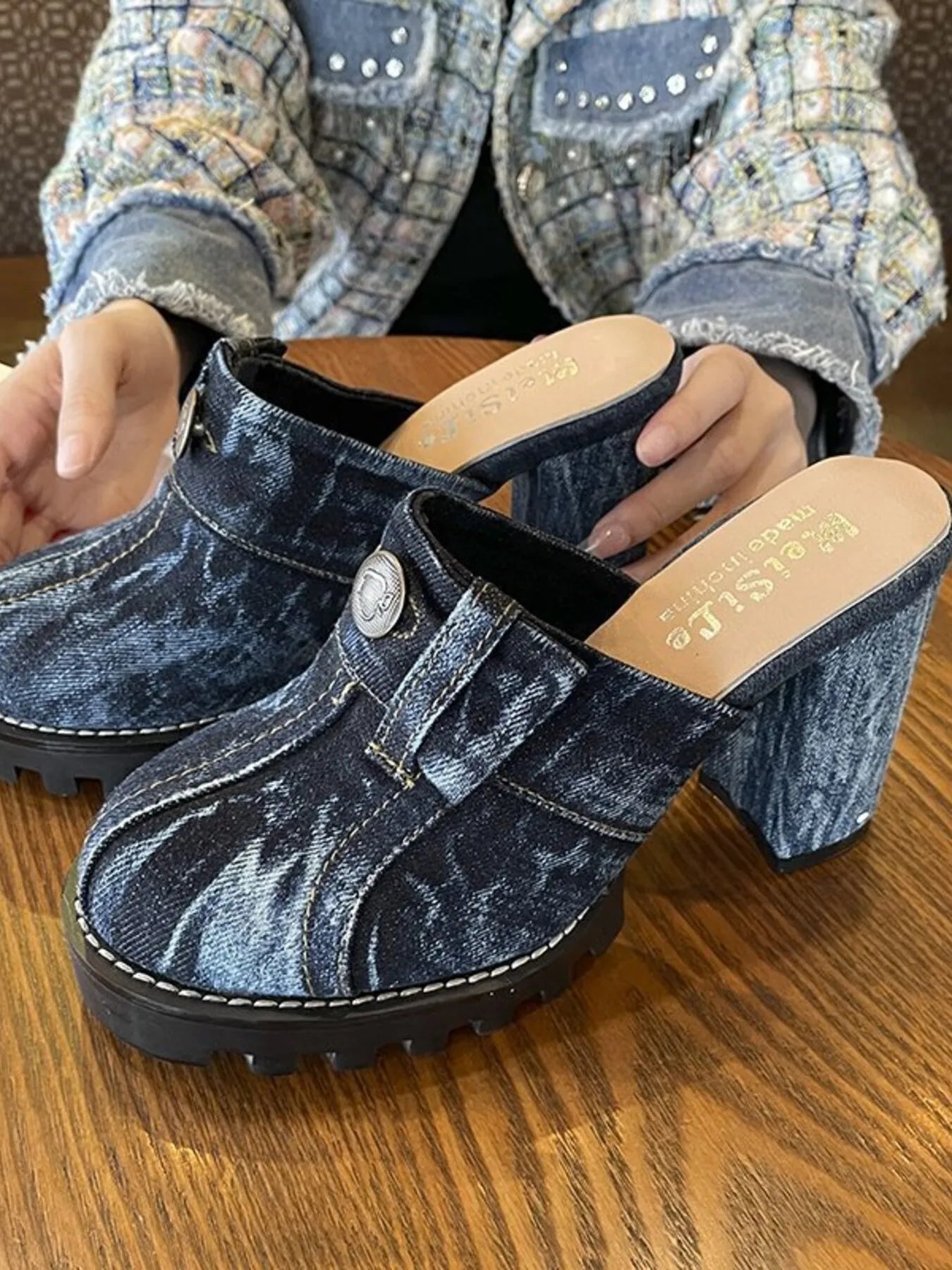 Denim Round Toe Block Heels Sandals - Tigbul's Variety Fashion Shop