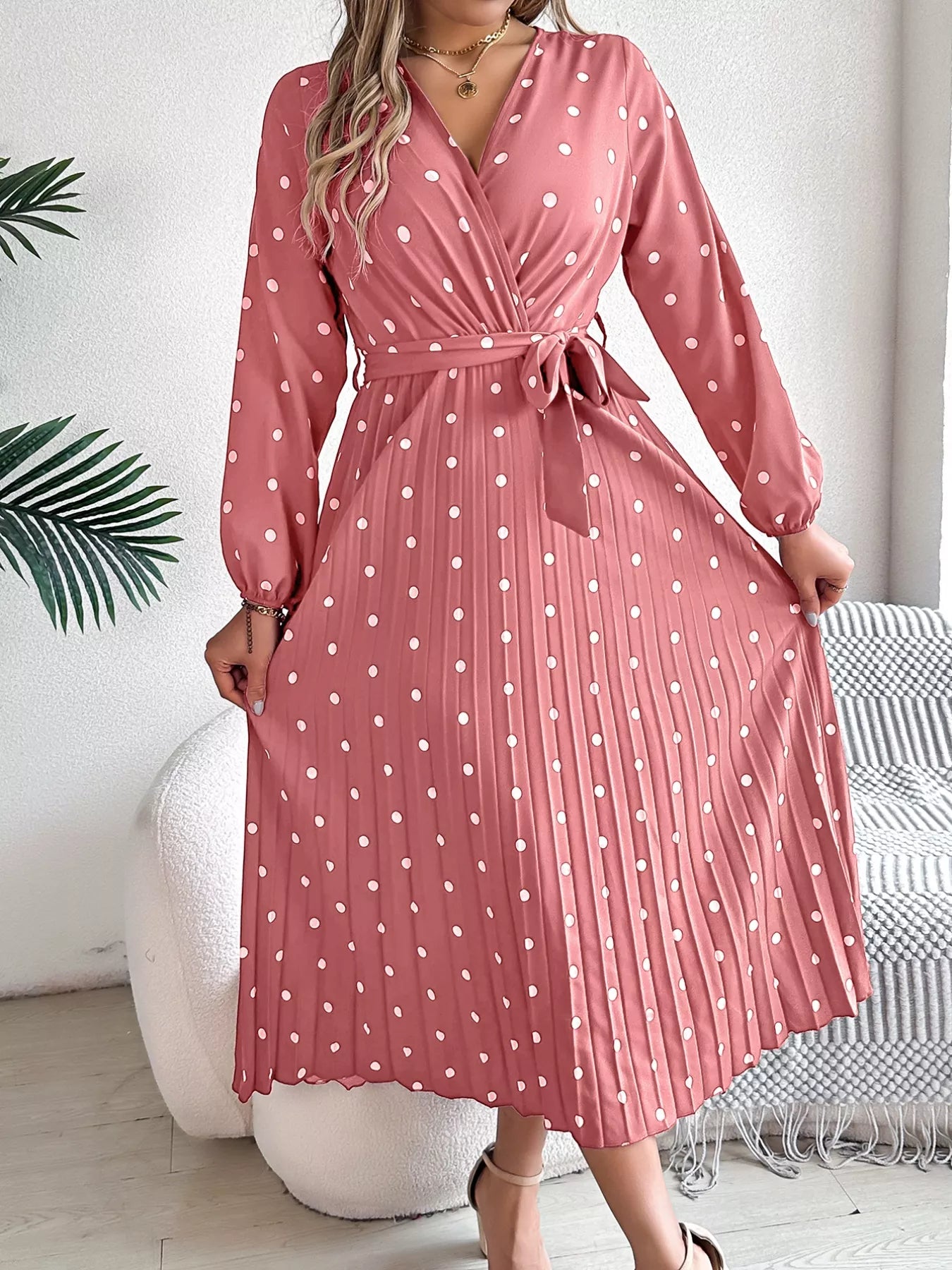 Front Tie Polka Dot Midi Pleated Dress - Tigbul's Variety Fashion Shop