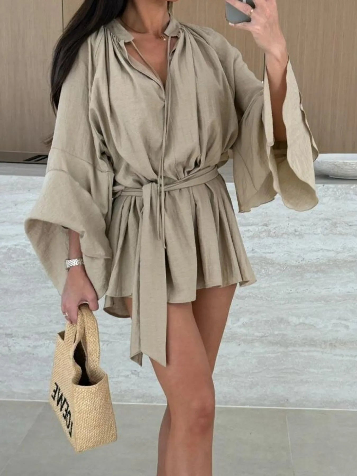 Bell Sleeve Tie Waist Mini Shirt Dress - Tigbul's Variety Fashion Shop