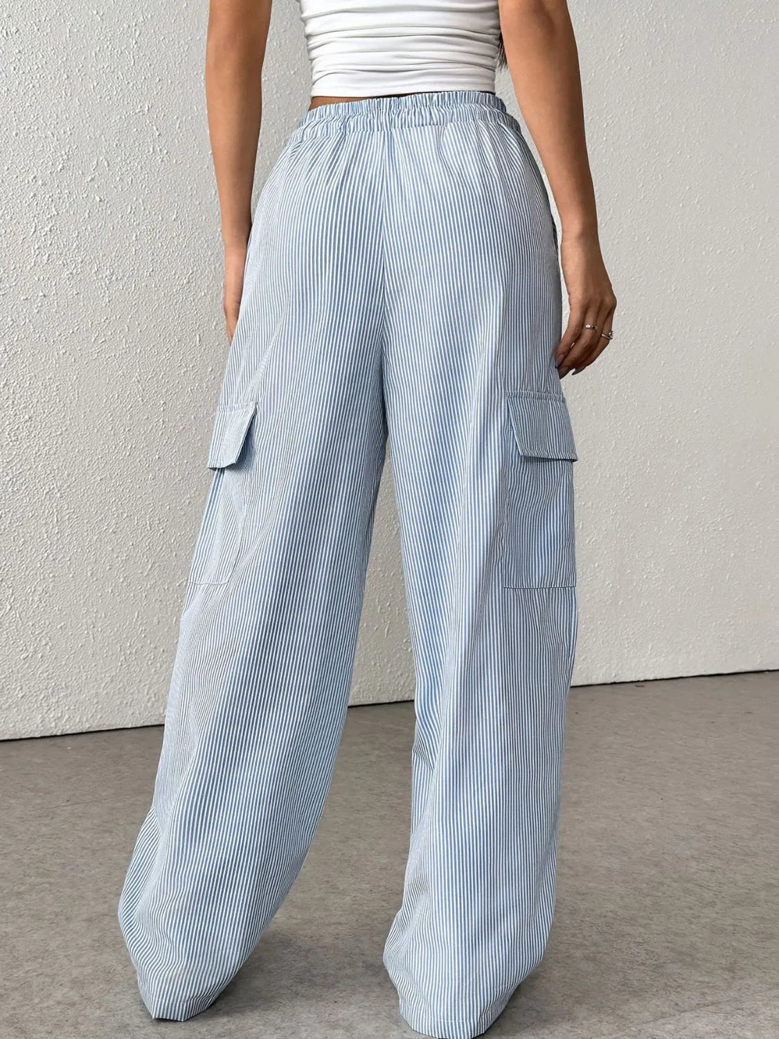 Blue Drawstring Striped Wide Leg Cargo Pants - Tigbul's Variety Fashion Shop