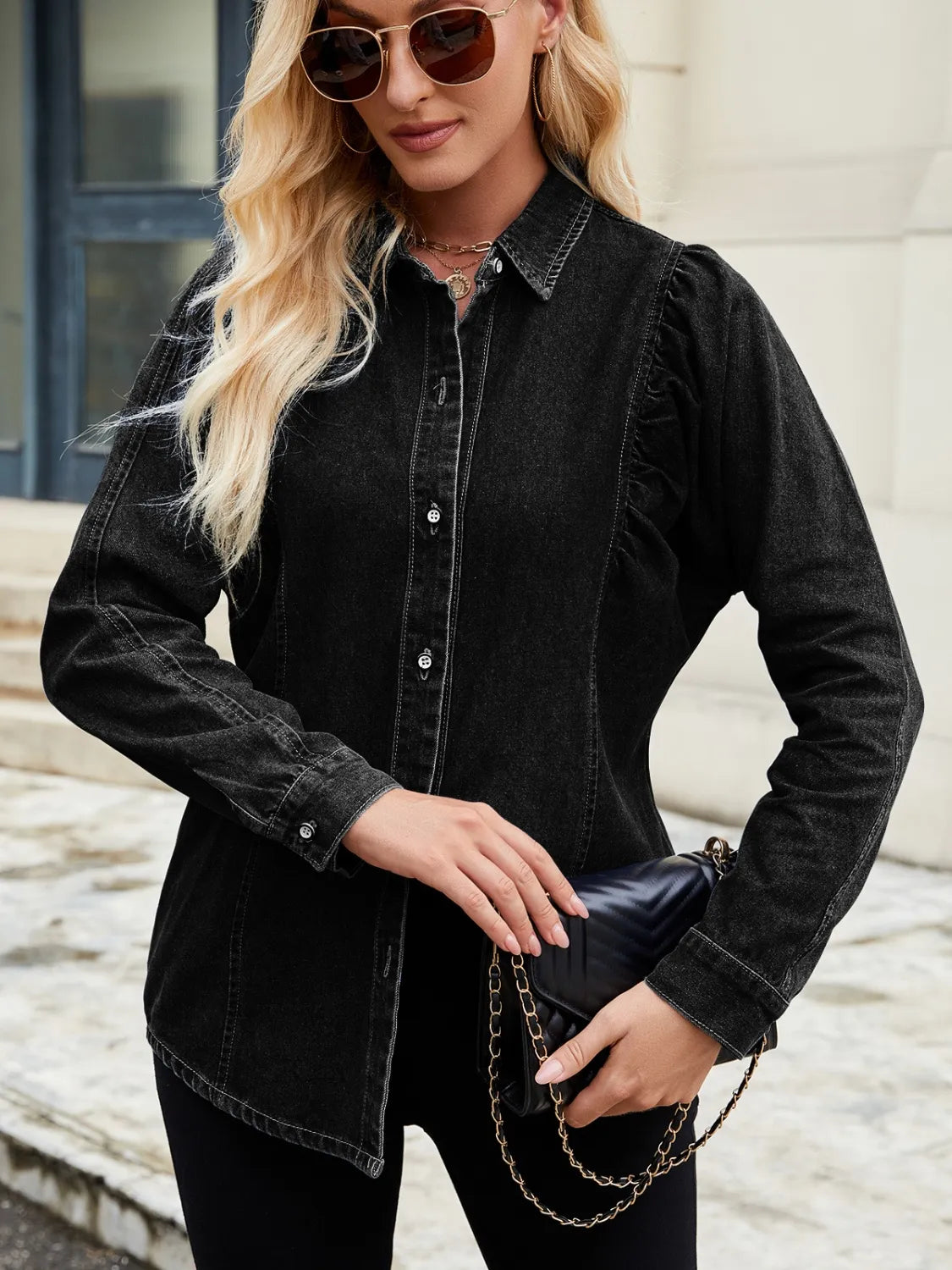 Button Down Collared Neck Denim Shirt - Tigbul's Variety Fashion Shop