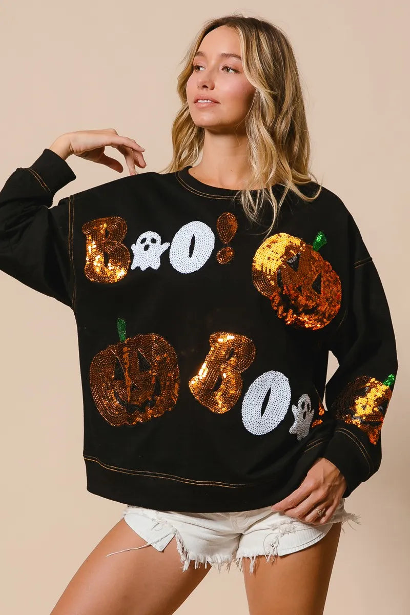 BiBi Halloween Theme Sequin Embroideries Sweatshirt - Tigbul's Variety Fashion Shop