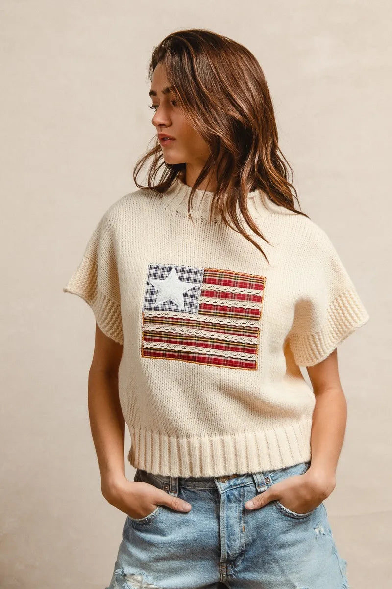 BiBi American Flag Patchwork Drop Shoulder Sweater - Tigbul's Variety Fashion Shop