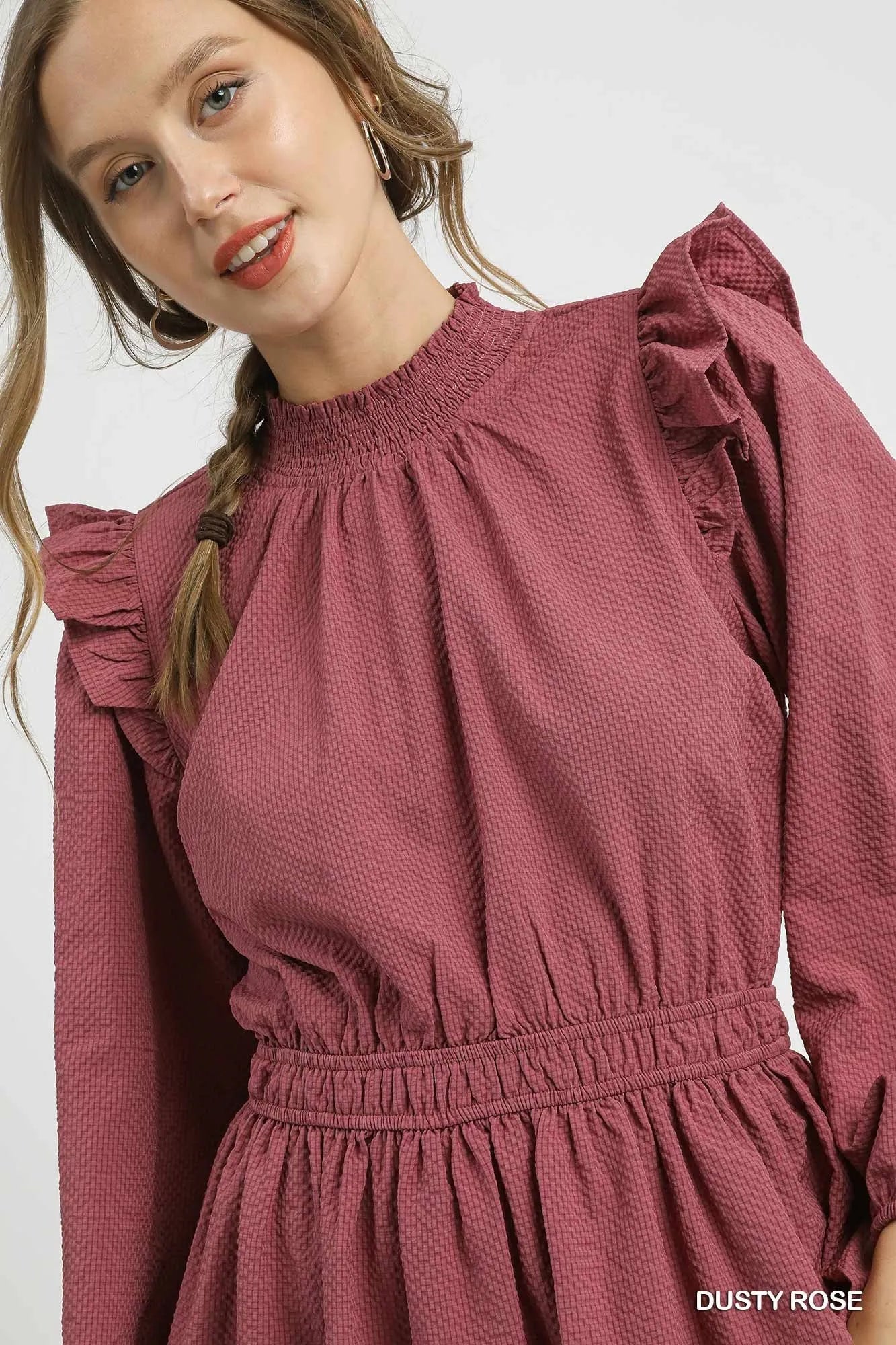 Umgee Textured Midi Dress with Ruffle Shoulder Detail - Tigbul's Variety Fashion Shop