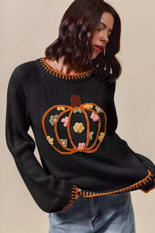 Black Pumpkin Floral Embroidered Thanksgiving Sweater - Tigbul's Variety Fashion Shop