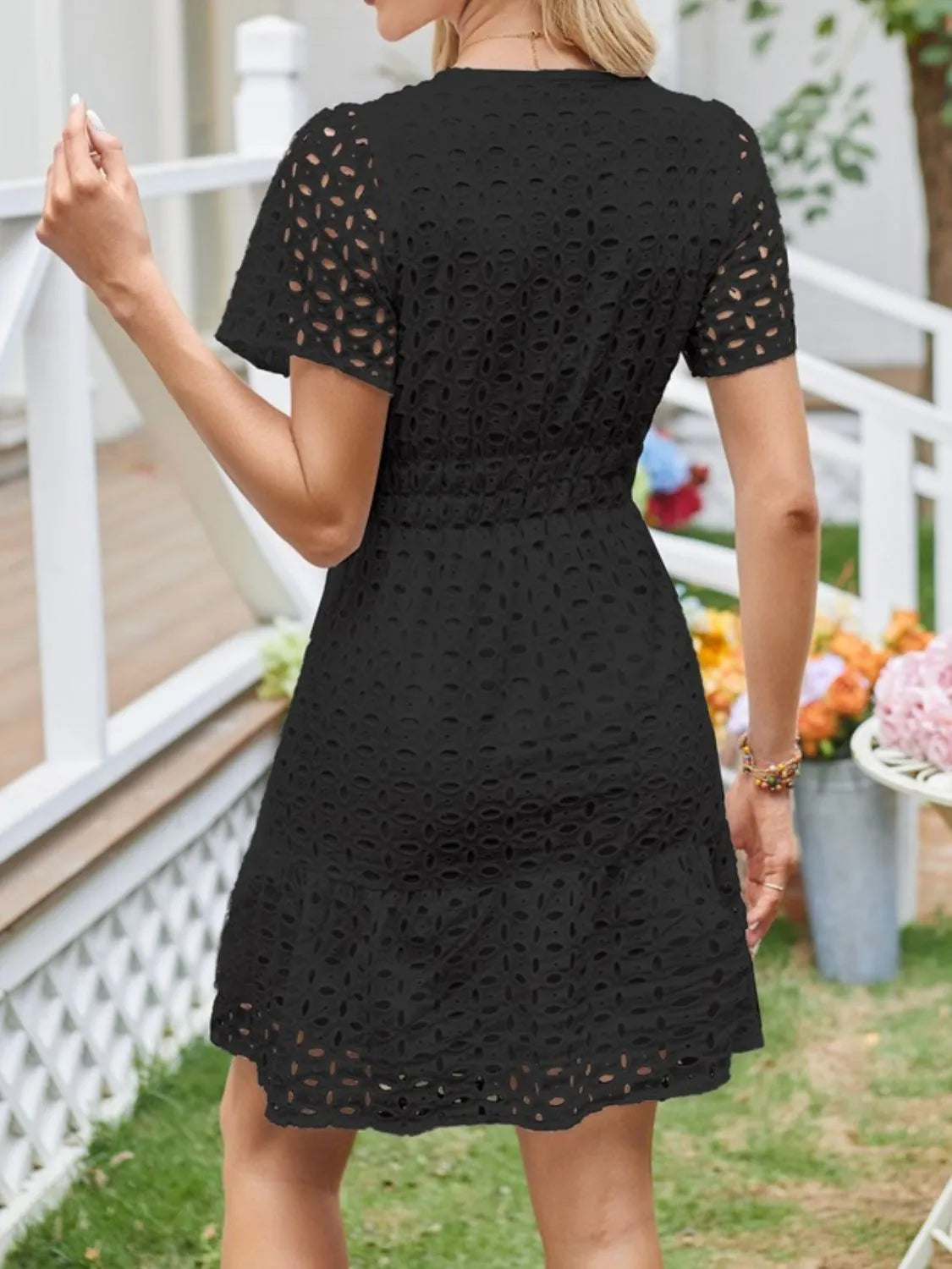Eyelet Notched Short Sleeve Dress - Tigbul's Variety Fashion Shop