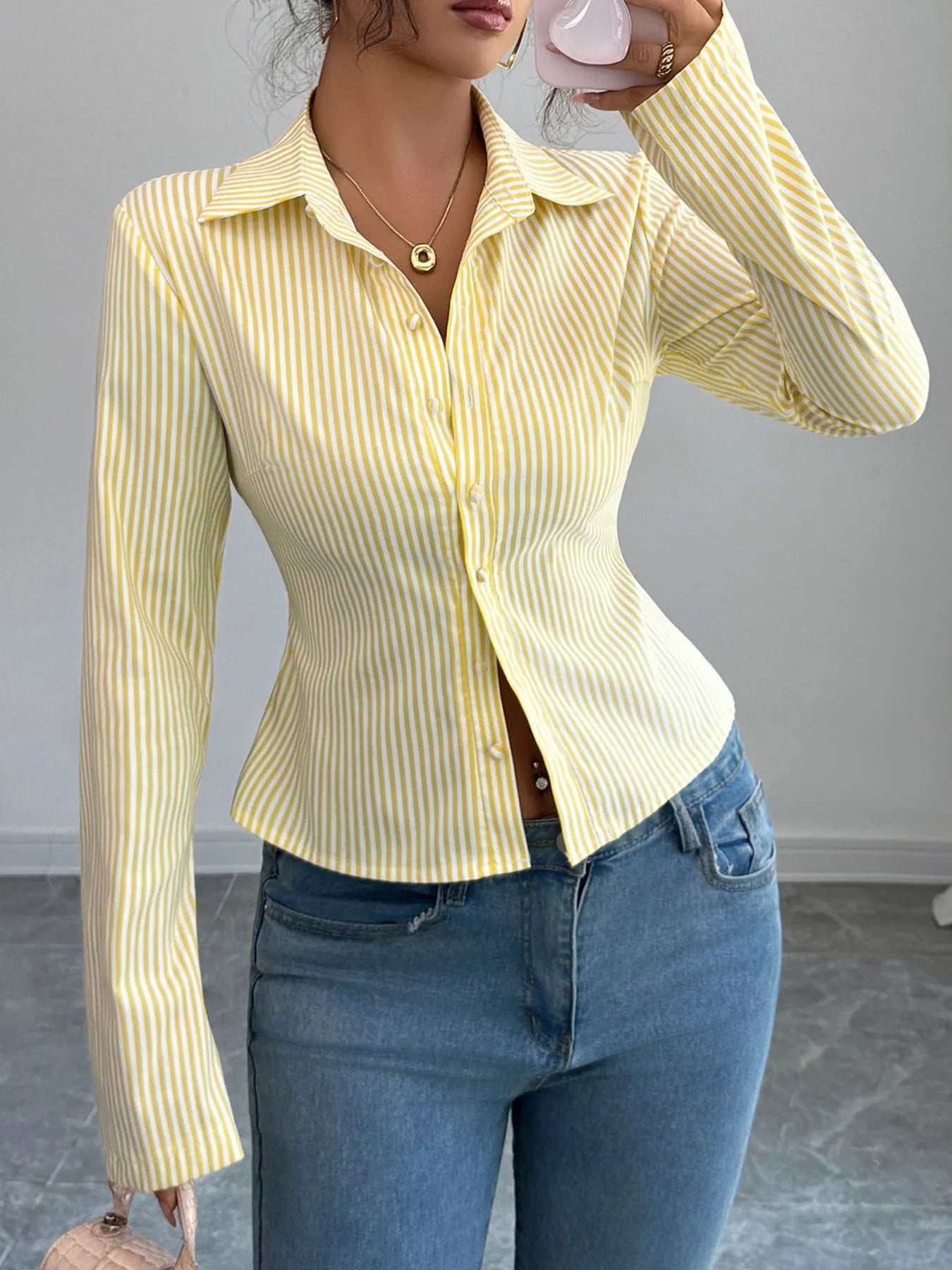 Striped Button-Up Long Sleeve Shirt - Tigbul's Variety Fashion Shop