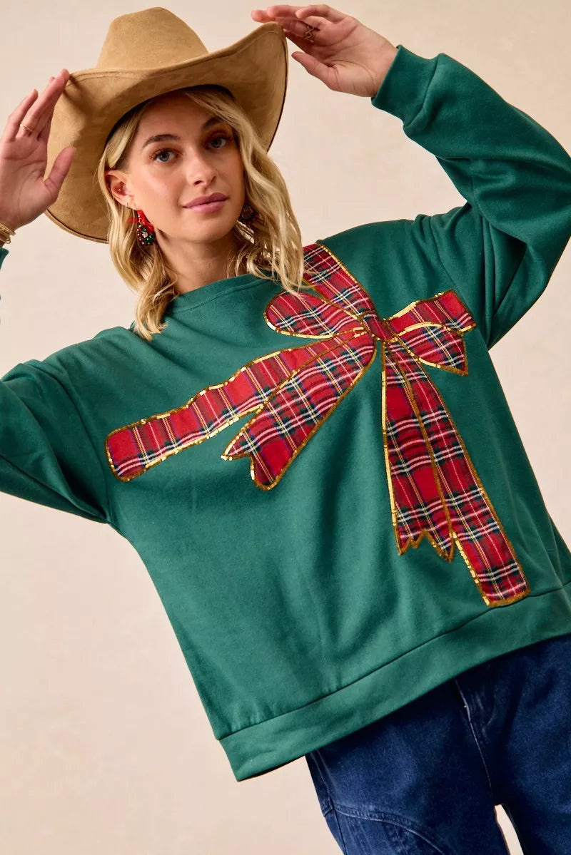 Plaid Ribbon Bow Detail Christmas Fleece Pullover Sweater - Tigbul's Variety Fashion Shop