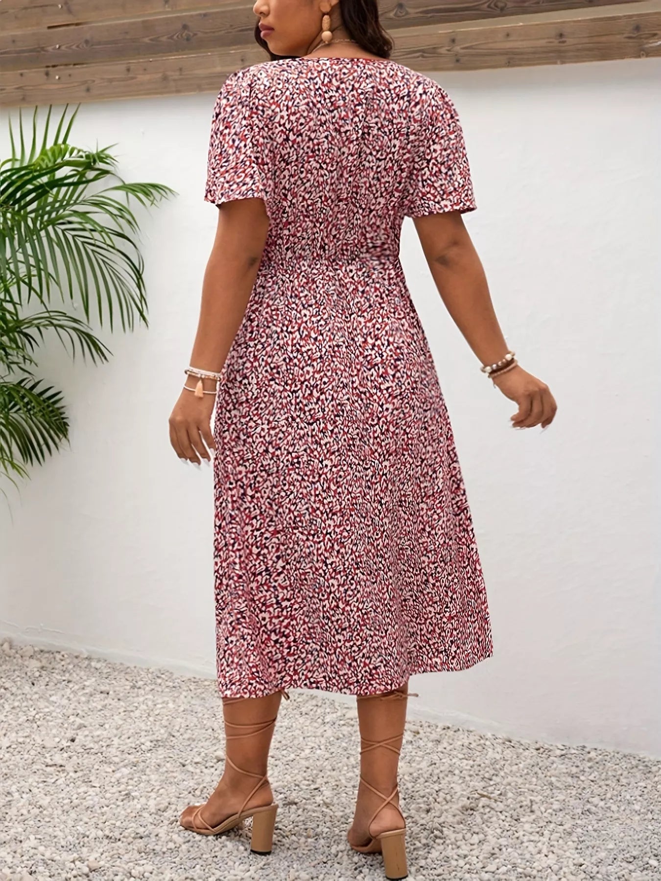 Plus Size Printed V-Neck Short Sleeve Midi Dress - Tigbul's Variety Fashion Shop