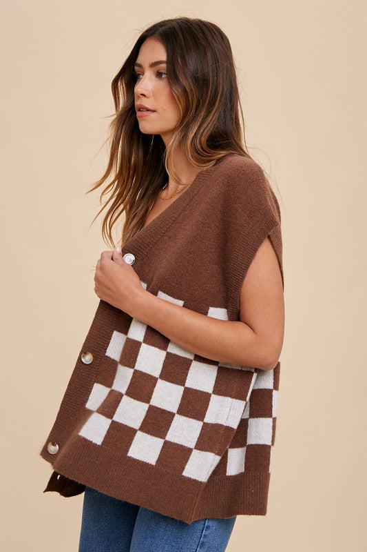 Dark Brown Checkered Button Down Short Sleeve Cardigan - Tigbul's Variety Fashion Shop