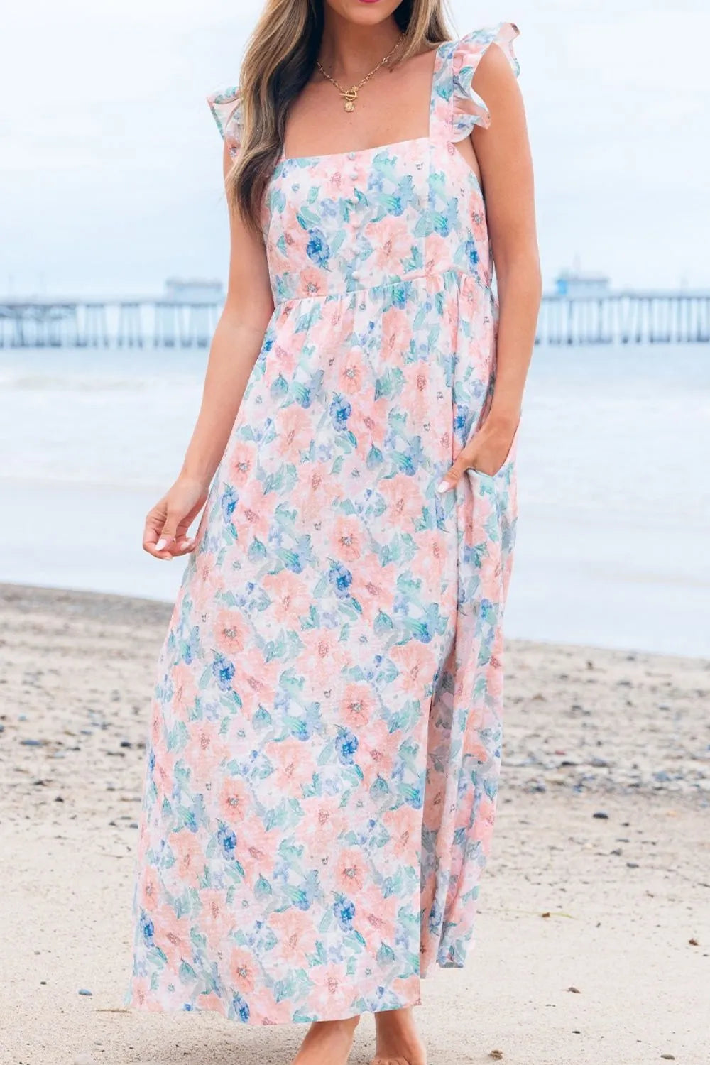 Pink Floral Colorblock Flutter Straps Flowy Dress - Tigbul's Variety Fashion Shop