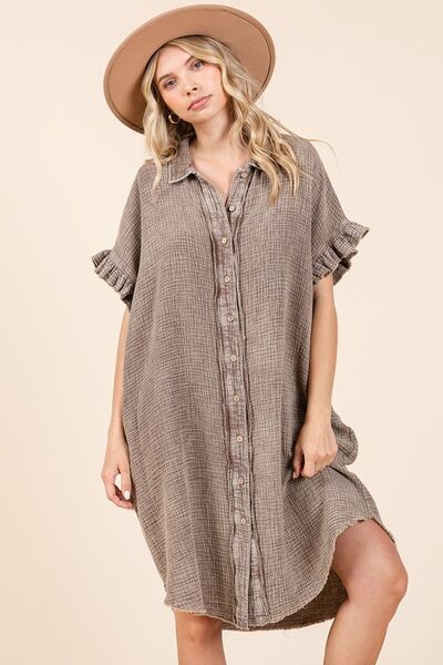 Toffee Color Mineral Wash Cotton Gauze Mini Shirt Dress - Tigbul's Variety Fashion Shop