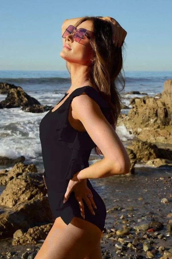Solid One Shoulder Ruffle One Piece Black Swimsuit - Tigbul's Variety Fashion Shop