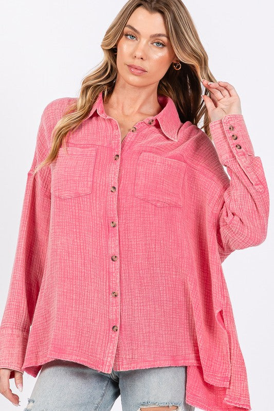 Pink Frayed Hem Side Slit Button Down Shirt - Tigbul's Variety Fashion Shop