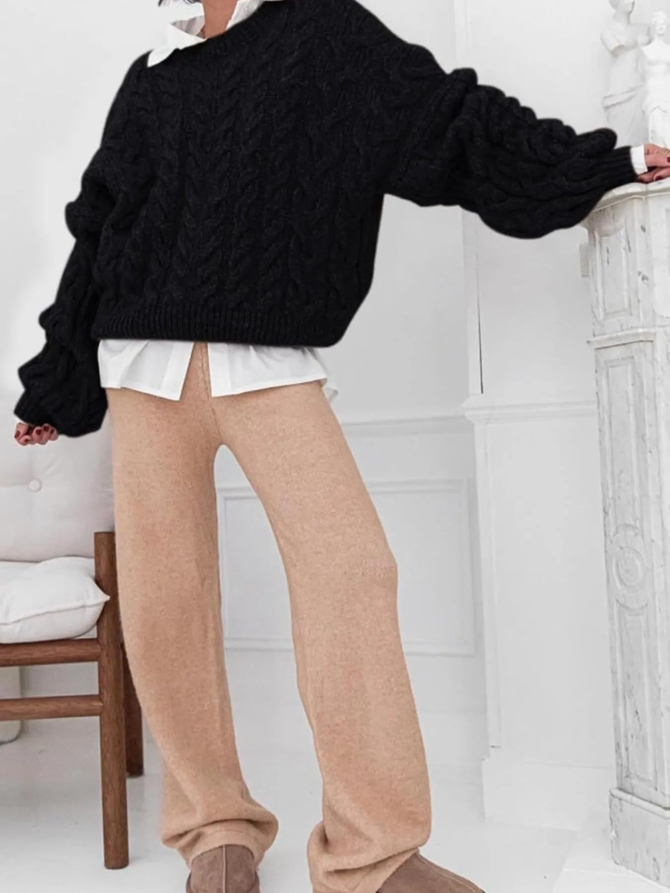 Cable Knit Long Sleeve Sweater - Tigbul's Variety Fashion Shop