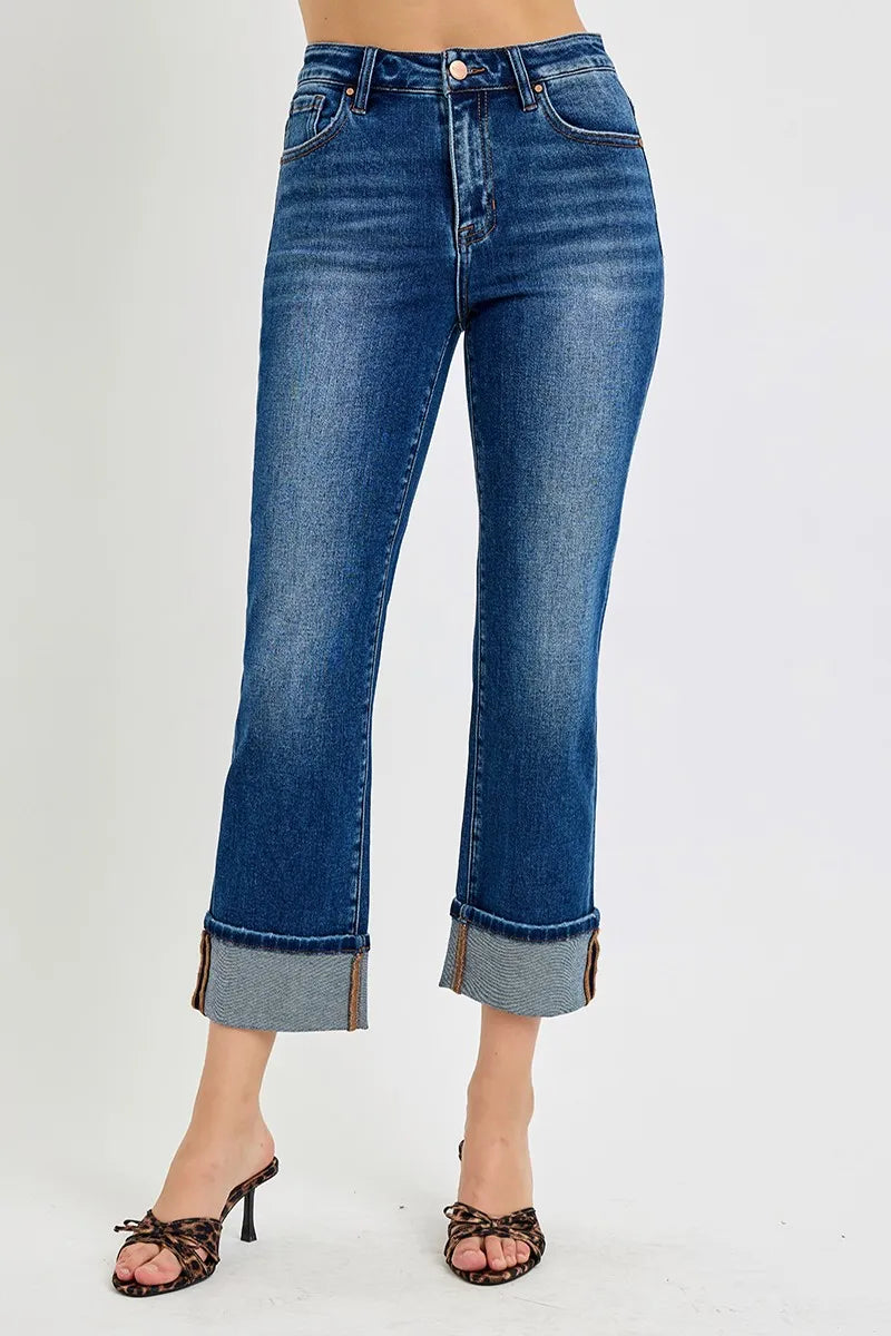 RISEN High Rise Ankle Straight Cuffed Jeans - Tigbul's Variety Fashion Shop