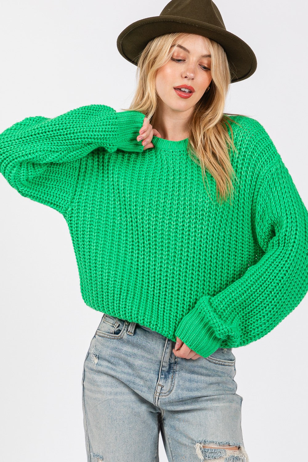 Green Round Neck Drop Shoulder Sweater - Tigbul's Variety Fashion Shop