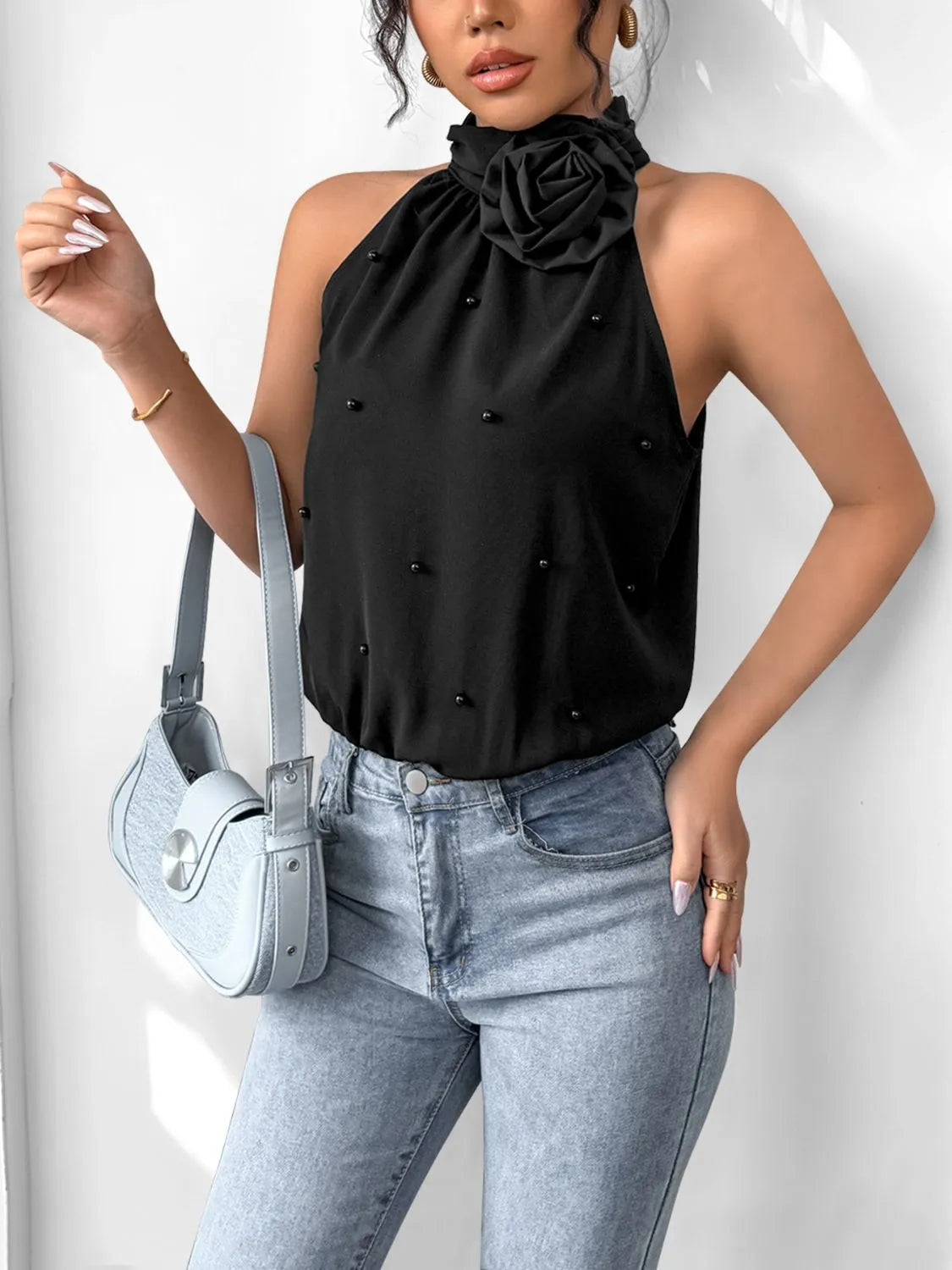 3D Flower Grecian Neck Bodysuit - Tigbul's Variety Fashion Shop