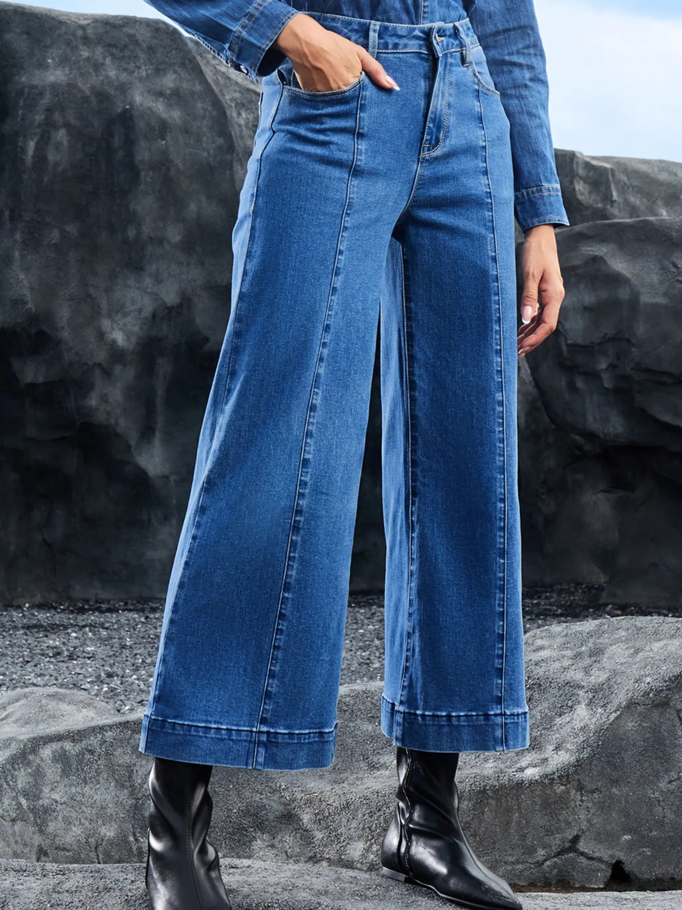 Seam Detail Flared Bottom Ankle Length Jeans - Tigbul's Variety Fashion Shop
