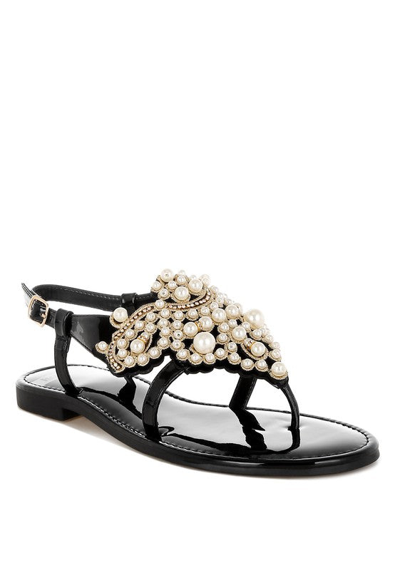 Zalata Pearl Studded Flat Sandals - Tigbul's Variety Fashion Shop
