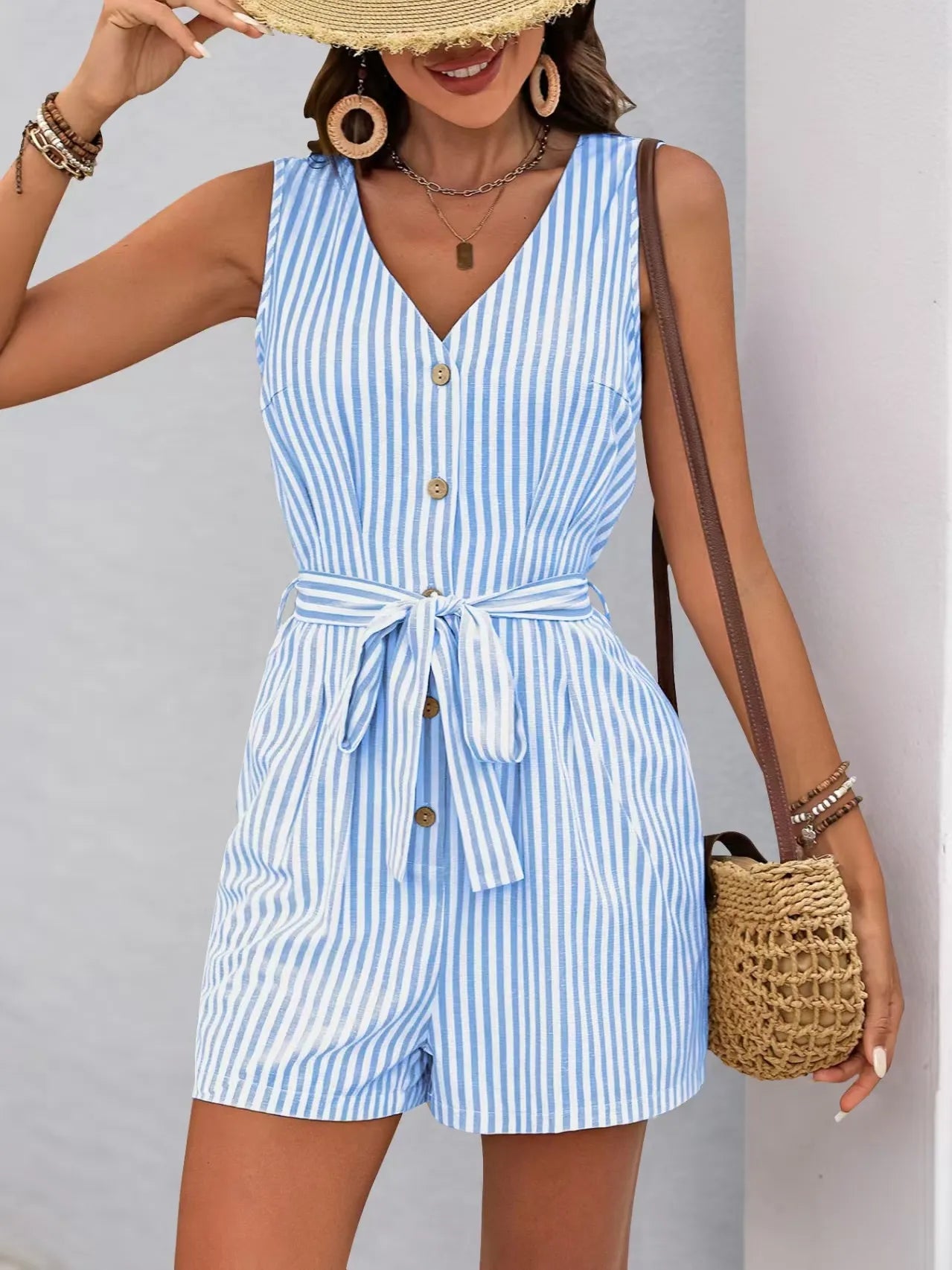 Striped V-neck Button Front Belted Romper - Tigbul's Variety Fashion Shop