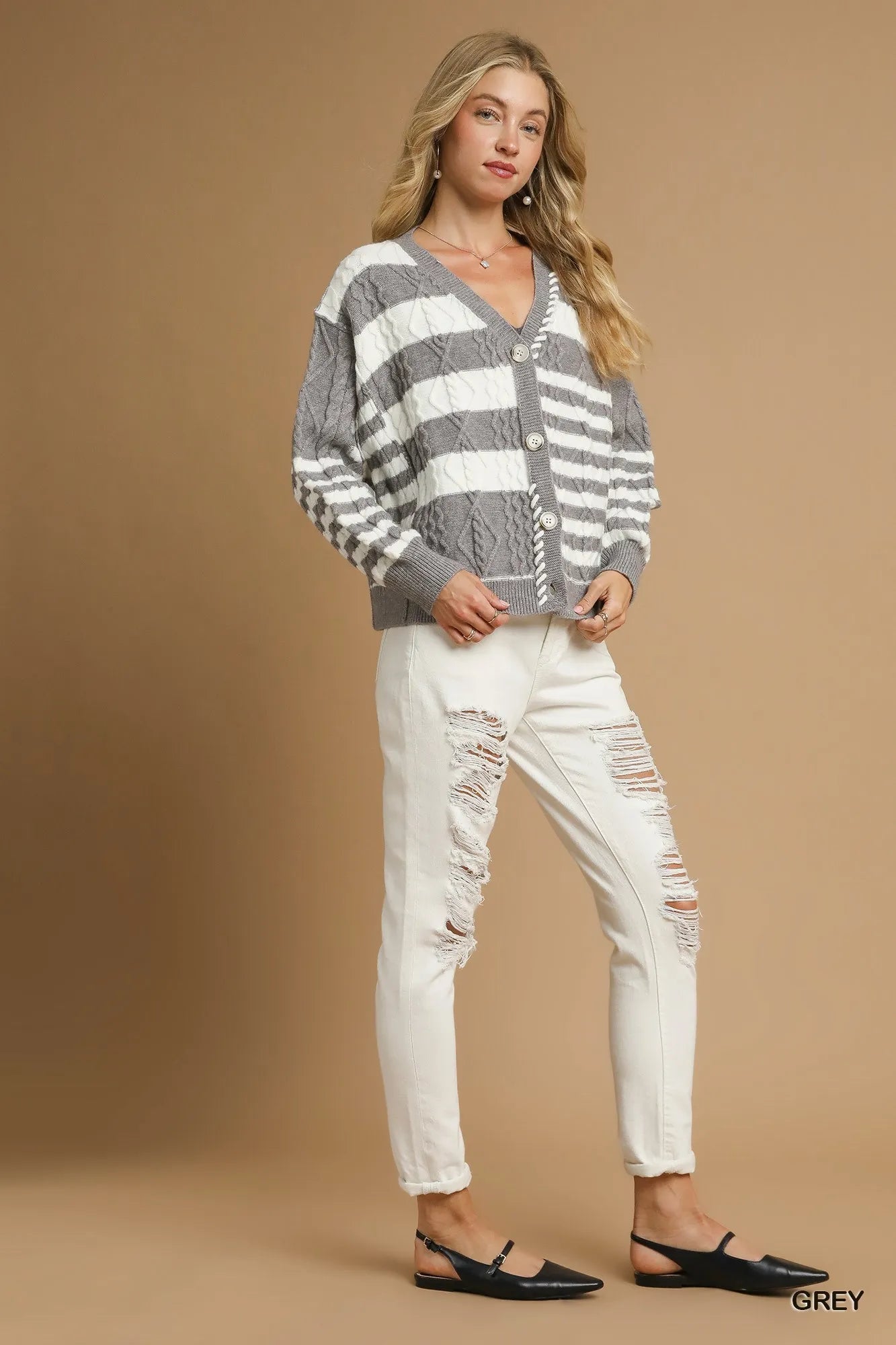 Umgee Cable-Knit Stripe Button-Up Cardigan - Tigbul's Variety Fashion Shop