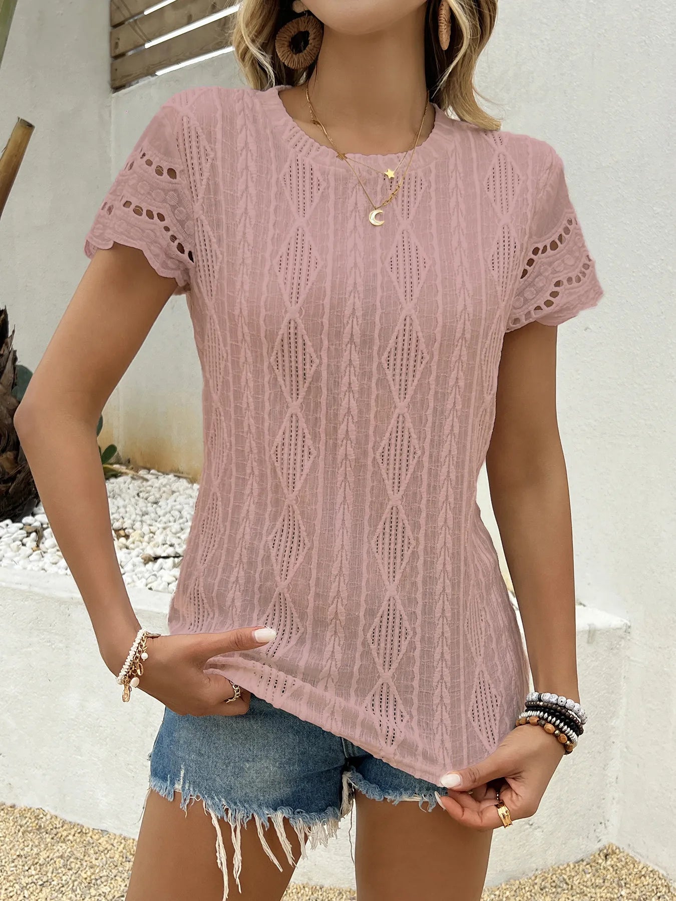 Crochet Lace Short Sleeve T-Shirt - Tigbul's Variety Fashion Shop