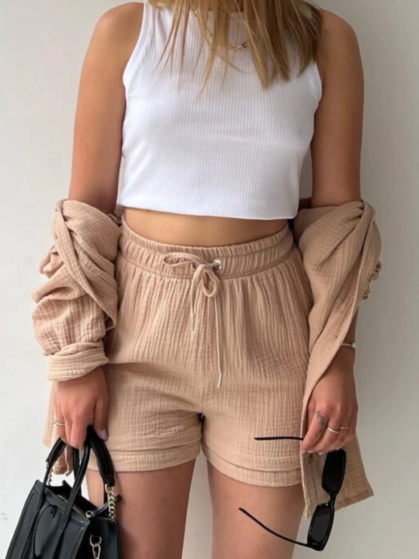 Textured Button Up Shirt and Shorts Set - Tigbul's Variety Fashion Shop