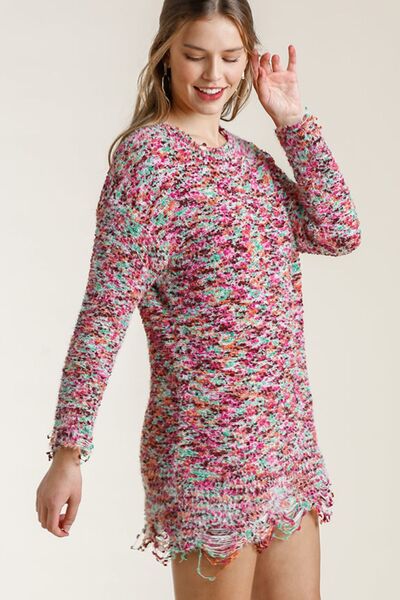 Distressed Hem Multicolored Round Neck Knit Tunic Dress - Tigbul's Variety Fashion Shop