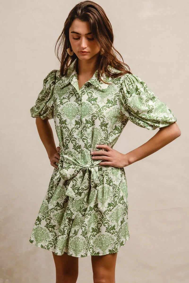 BiBi Tied Floral Short Sleeve Mini Shirt Dress - Tigbul's Variety Fashion Shop