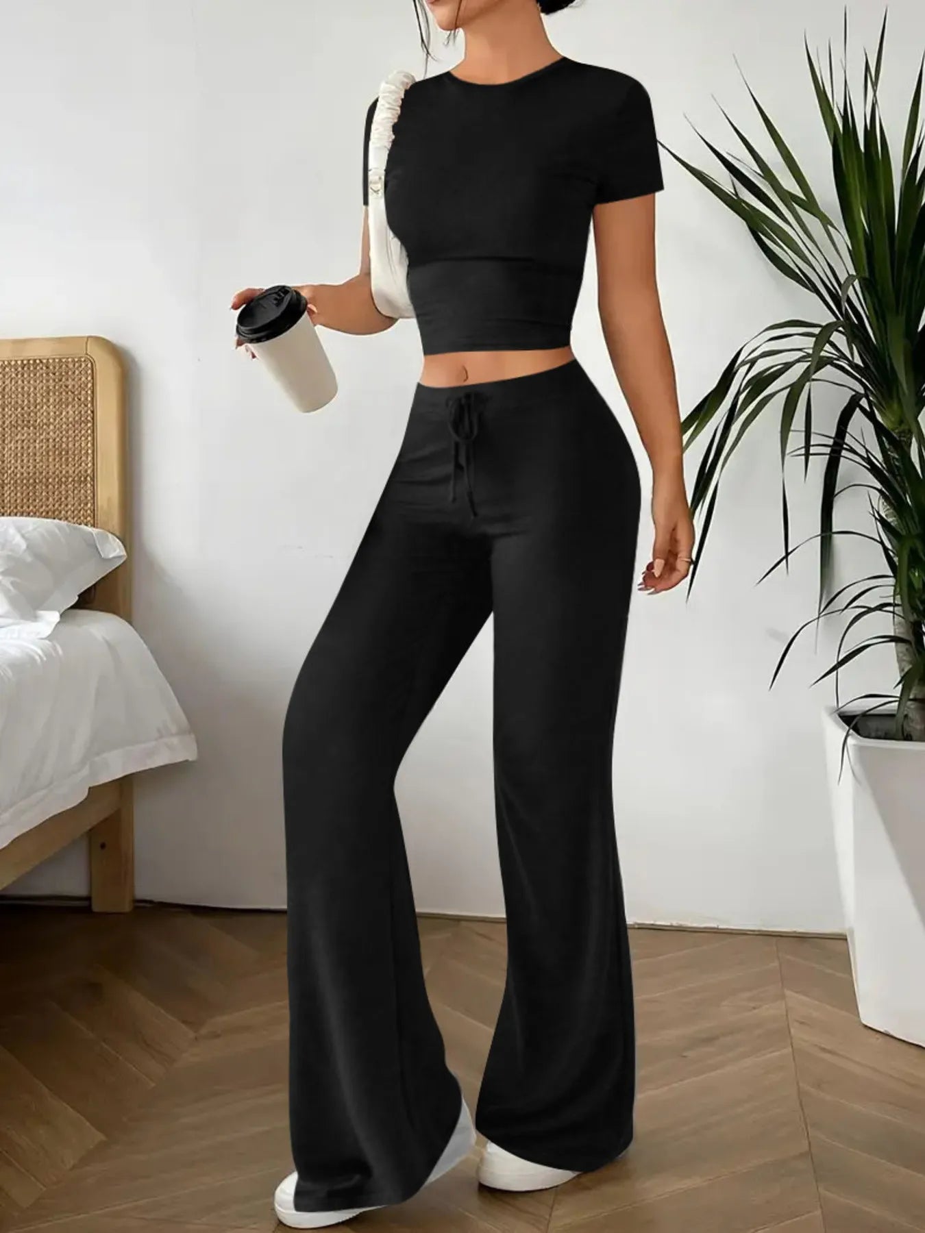 Crop Top and Wide Leg Pants Matching Set - Tigbul's Variety Fashion Shop
