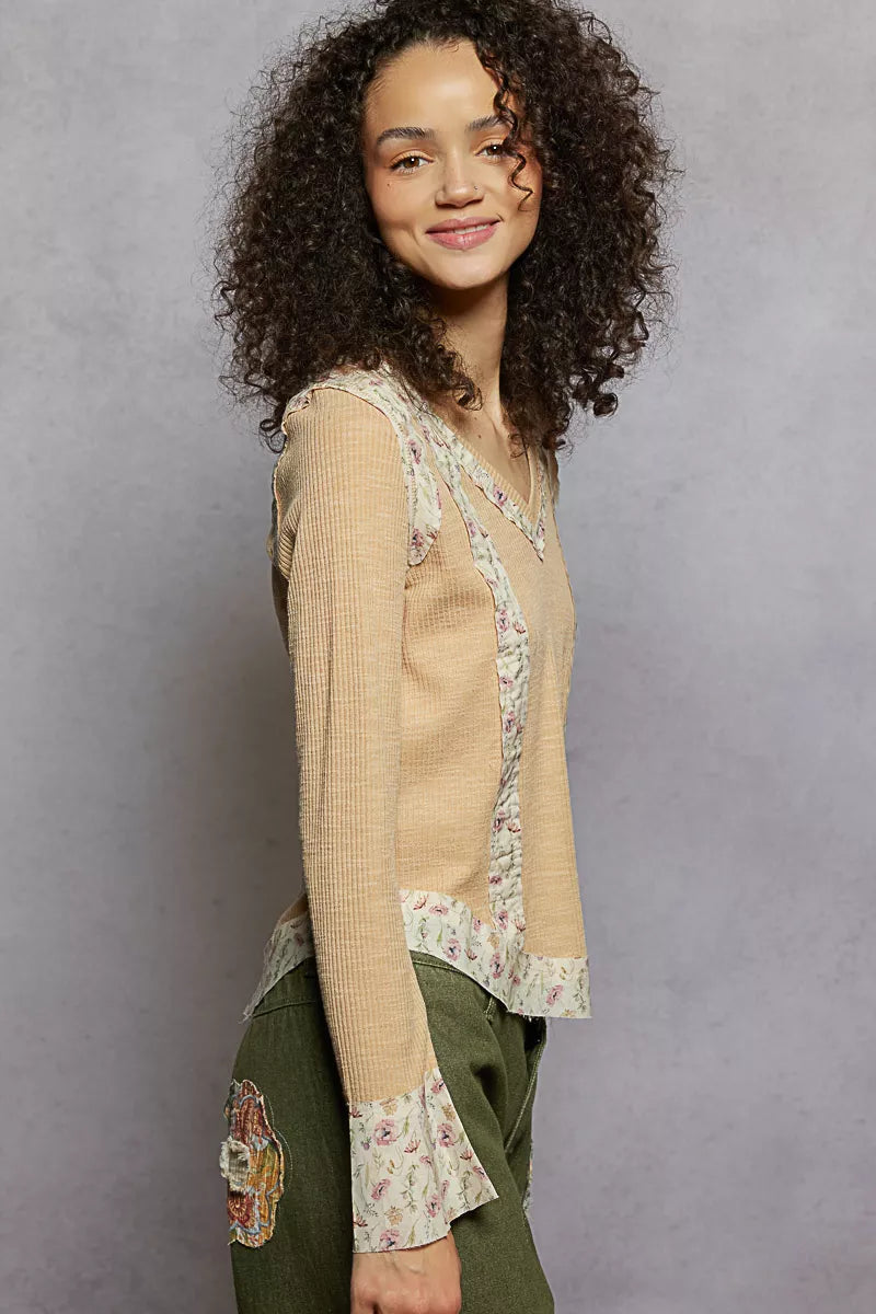 POL Floral Patch V-Neck Long Sleeve Ribbed Top - Tigbul's Variety Fashion Shop