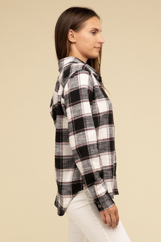 Cotton Plaid Shacket With Front Pocket - Tigbul's Variety Fashion Shop