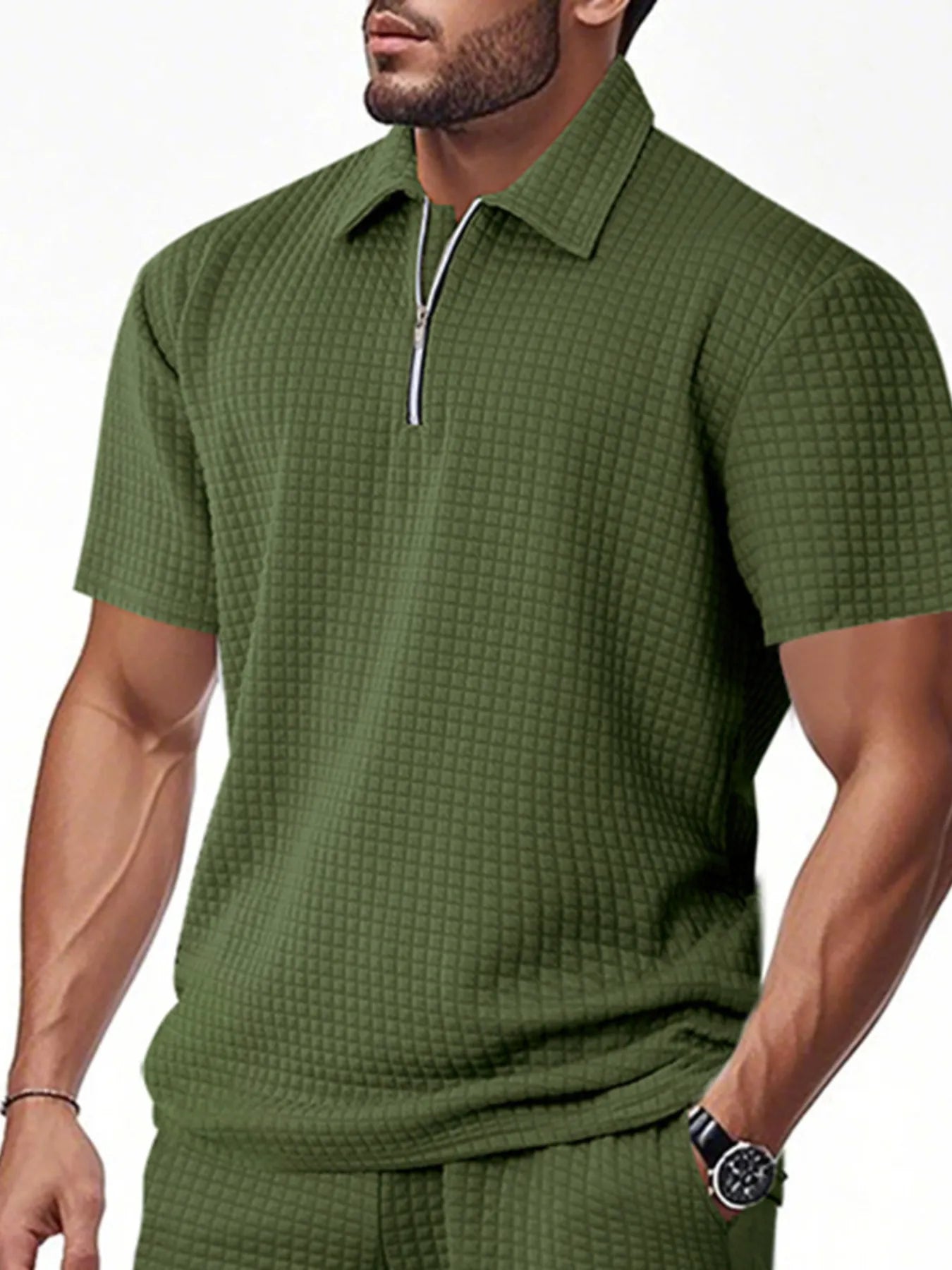 Men's Full Size Waffle Short Sleeve Polo with Zipper Detail Plus Size - Tigbul's Variety Fashion Shop