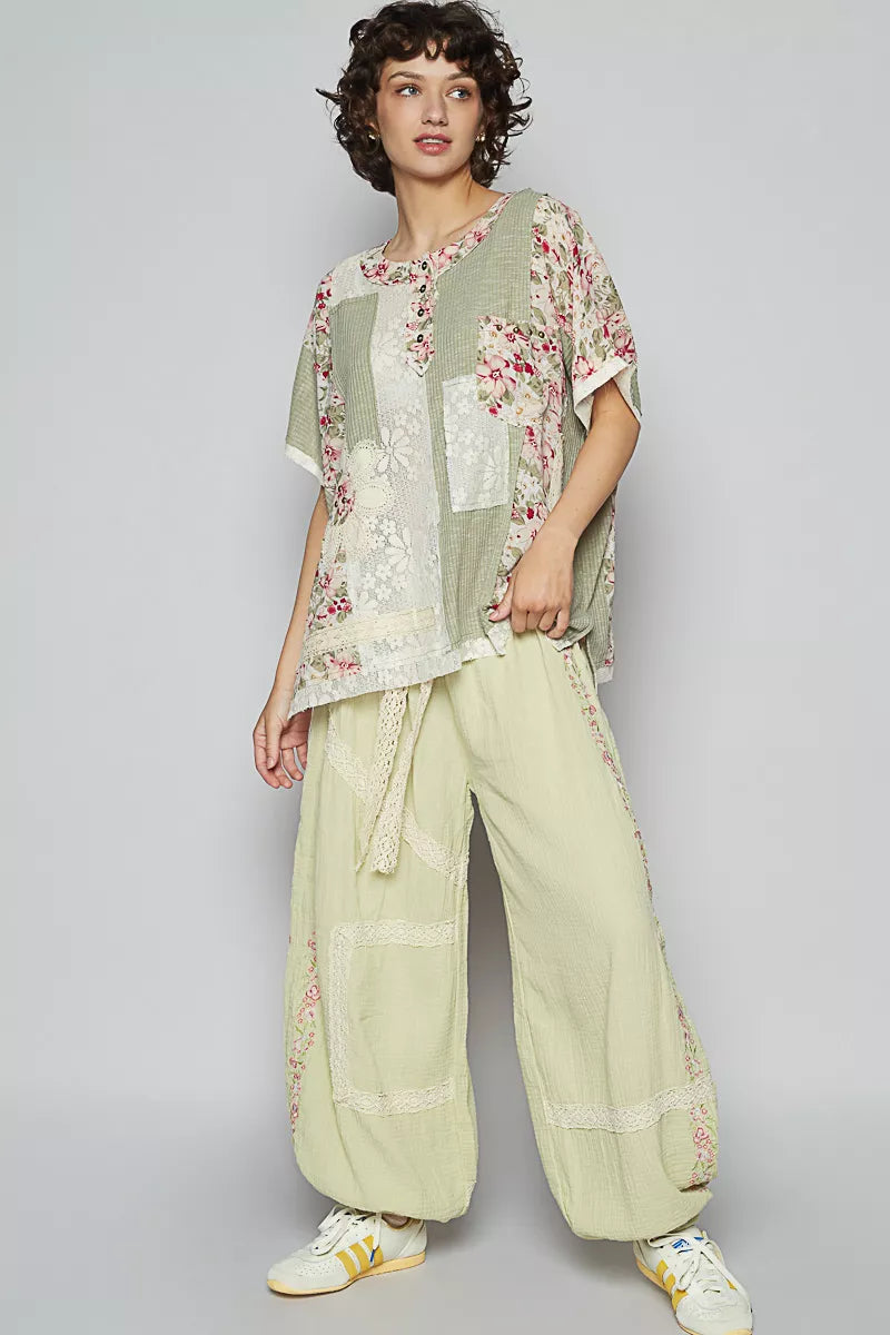 POL Lace Round Neck Short Sleeve Floral Pattern Top with Patch Detail - Tigbul's Variety Fashion Shop