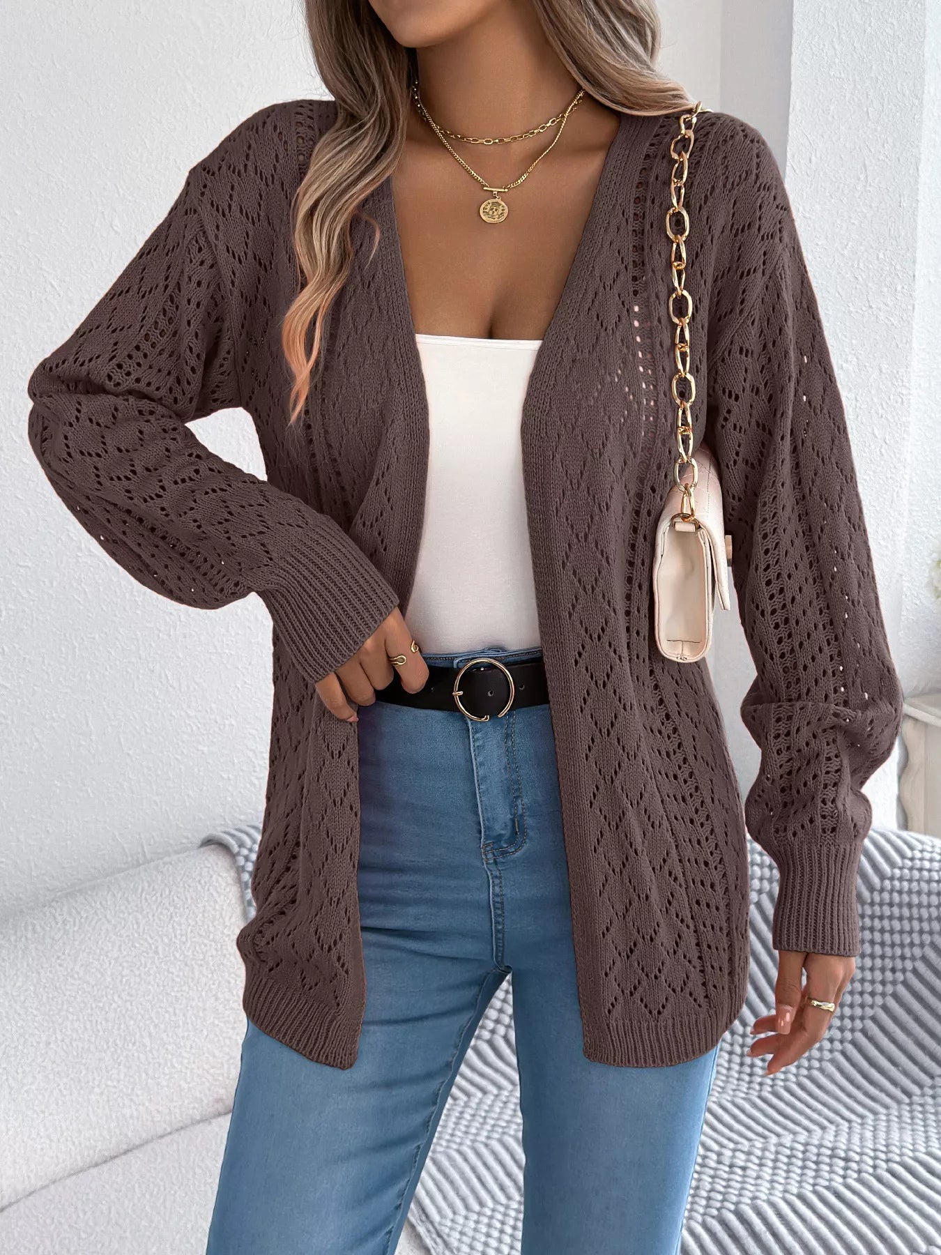 Openwork Open-Front Long Sleeve Cardigan - Tigbul's Variety Fashion Shop