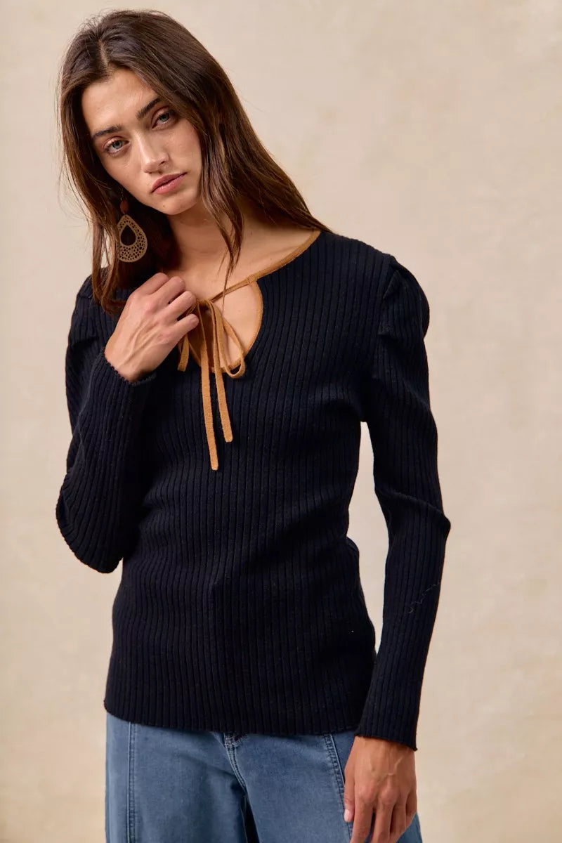 BiBi Ribbed Contrast Front Tied Top with Shrried - Tigbul's Variety Fashion Shop