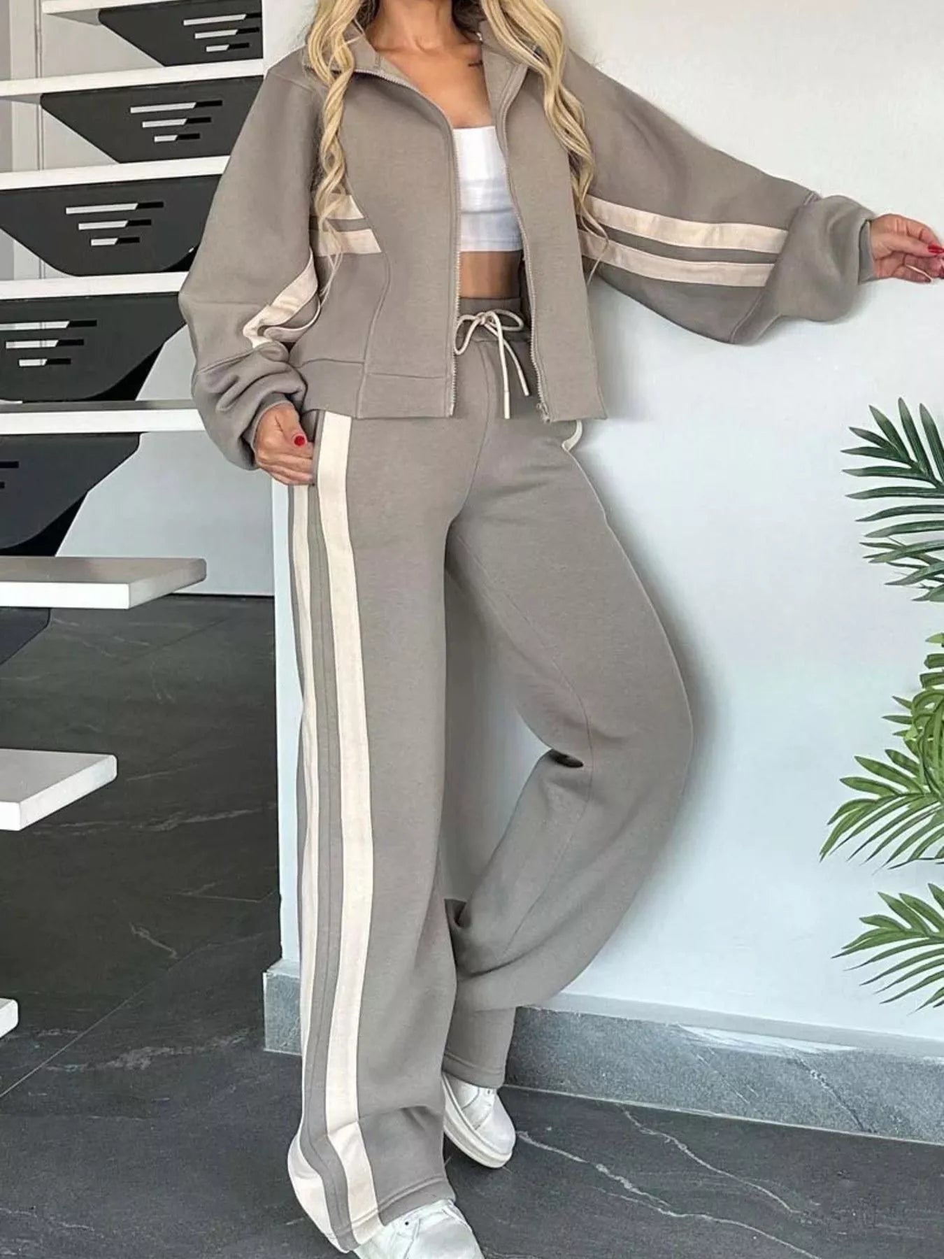 Full Size Contrast Stripe Zip Up Jacket and Pants Set Plus Size - Tigbul's Variety Fashion Shop