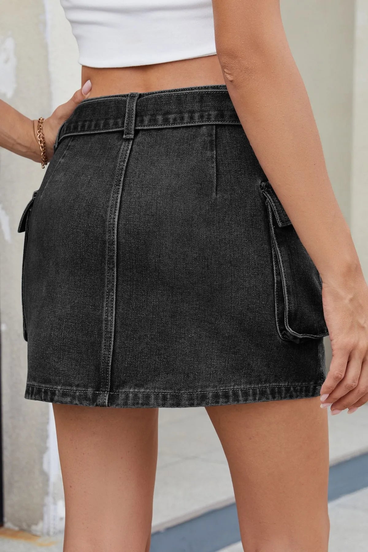 Criss-Cross Waist Detail Denim Mini Skirt - Tigbul's Variety Fashion Shop