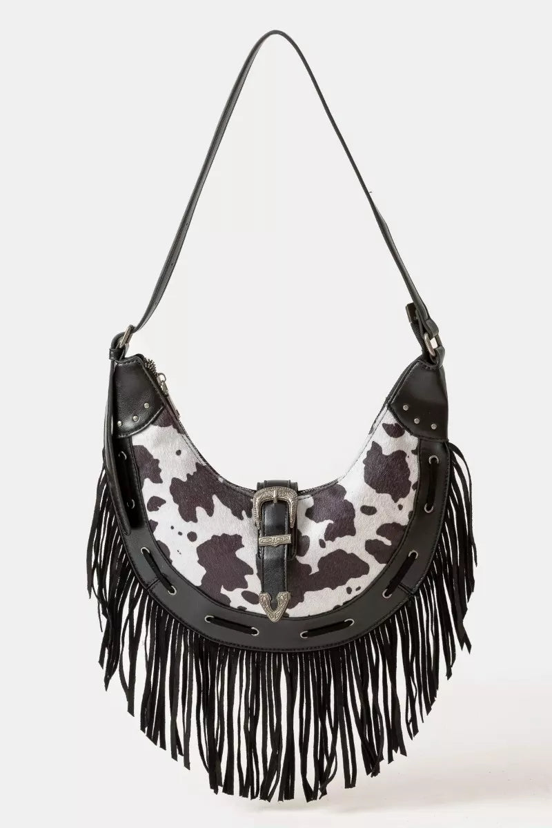 Cow Print Faux Leather Fringe Hobo Bag - Tigbul's Variety Fashion Shop