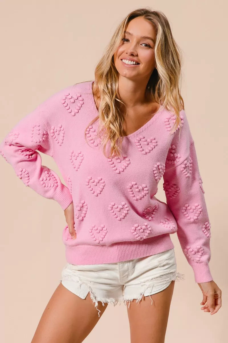 BiBi Valentines Heart Pompom V Neck Knit Top - Tigbul's Variety Fashion Shop