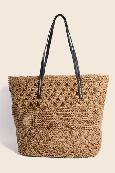 Mustard Faux Leather Handle Knitted Tote Bag - Tigbul's Variety Fashion Shop