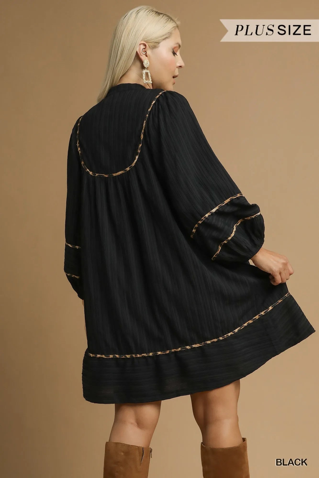 Umgee Full Size Textured Babydoll Dress with Leopard Trim Plus Size - Tigbul's Variety Fashion Shop